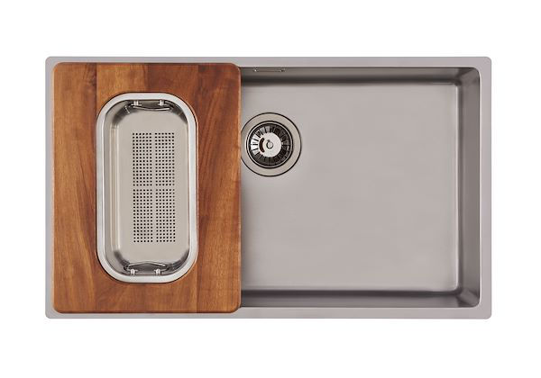 Iroko-wood sliding chopping board with stainless steel colander