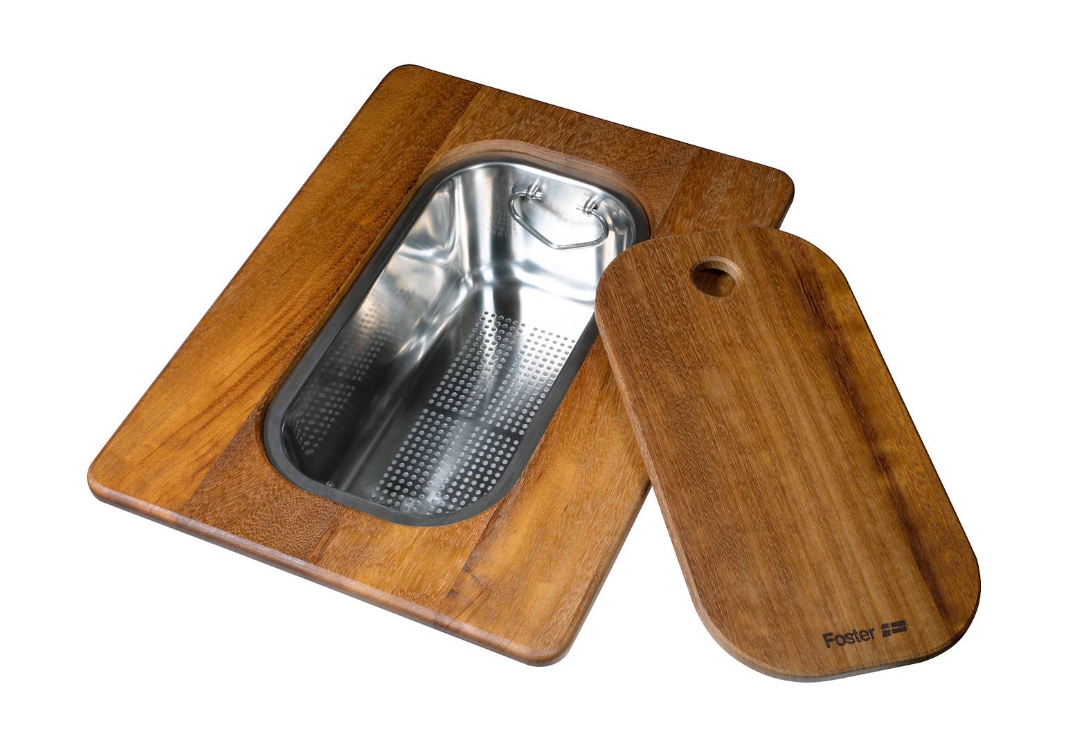 Iroko-wood sliding chopping board with stainless steel colander